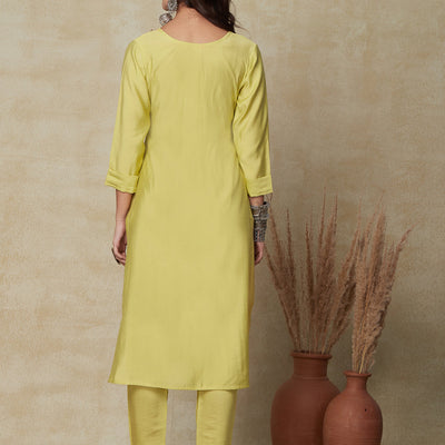Solid Floral Hand Embroidered Straight Fit Kurta - Yellow