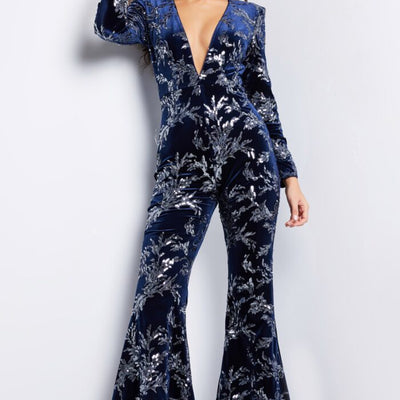 Jovani 23708 Long Beaded Formal Velvet Jumpsuit