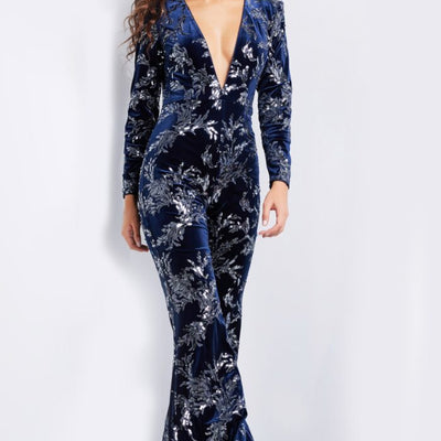 Jovani 23708 Long Beaded Formal Velvet Jumpsuit