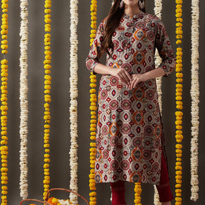 Ethnic Foil Printed Straight Fit Kurta - Grey