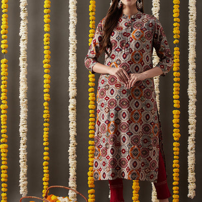 Ethnic Foil Printed Straight Fit Kurta - Grey