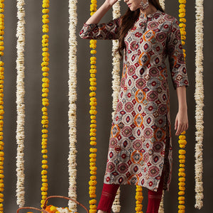 Ethnic Foil Printed Straight Fit Kurta - Grey