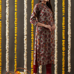 Ethnic Foil Printed Straight Fit Kurta - Grey