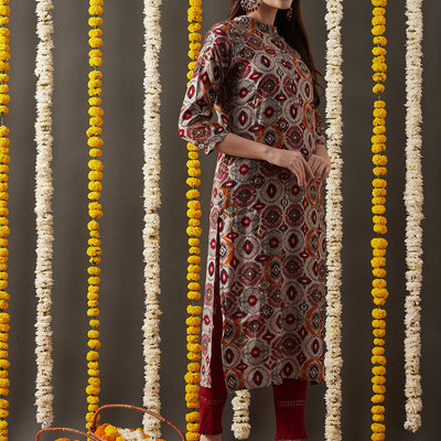 Ethnic Foil Printed Straight Fit Kurta - Grey