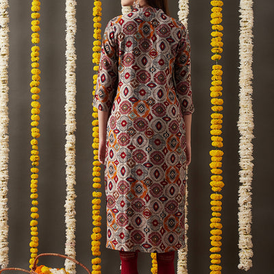 Ethnic Foil Printed Straight Fit Kurta - Grey