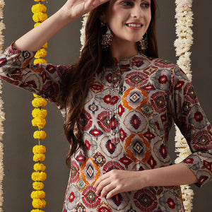 Ethnic Foil Printed Straight Fit Kurta - Grey