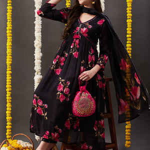 Floral Printed Sequins Embroidered Pleated Flared Kurta with Pants & Dupatta - Black