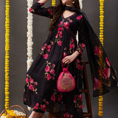 Floral Printed Sequins Embroidered Pleated Flared Kurta with Pants & Dupatta - Black