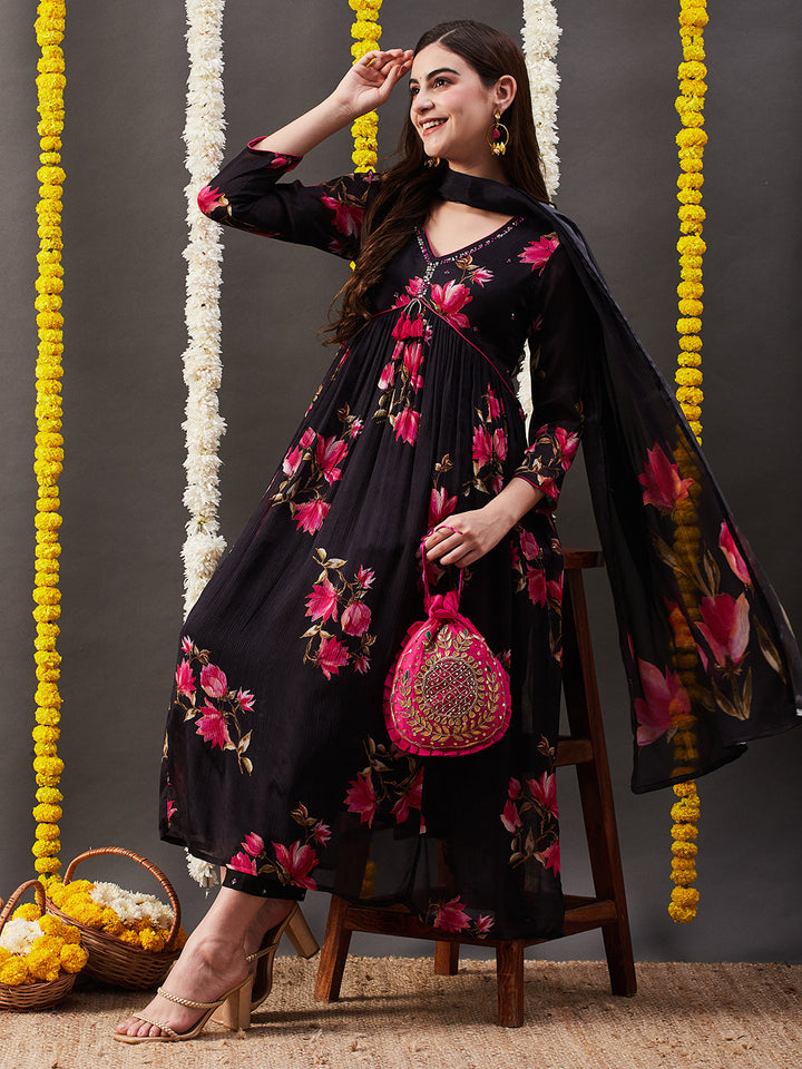 Floral Printed Sequins Embroidered Pleated Flared Kurta with Pants & Dupatta - Black