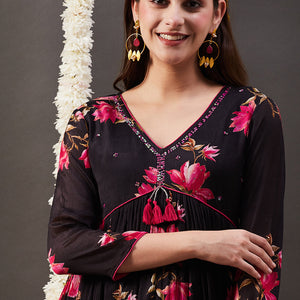 Floral Printed Sequins Embroidered Pleated Flared Kurta with Pants & Dupatta - Black