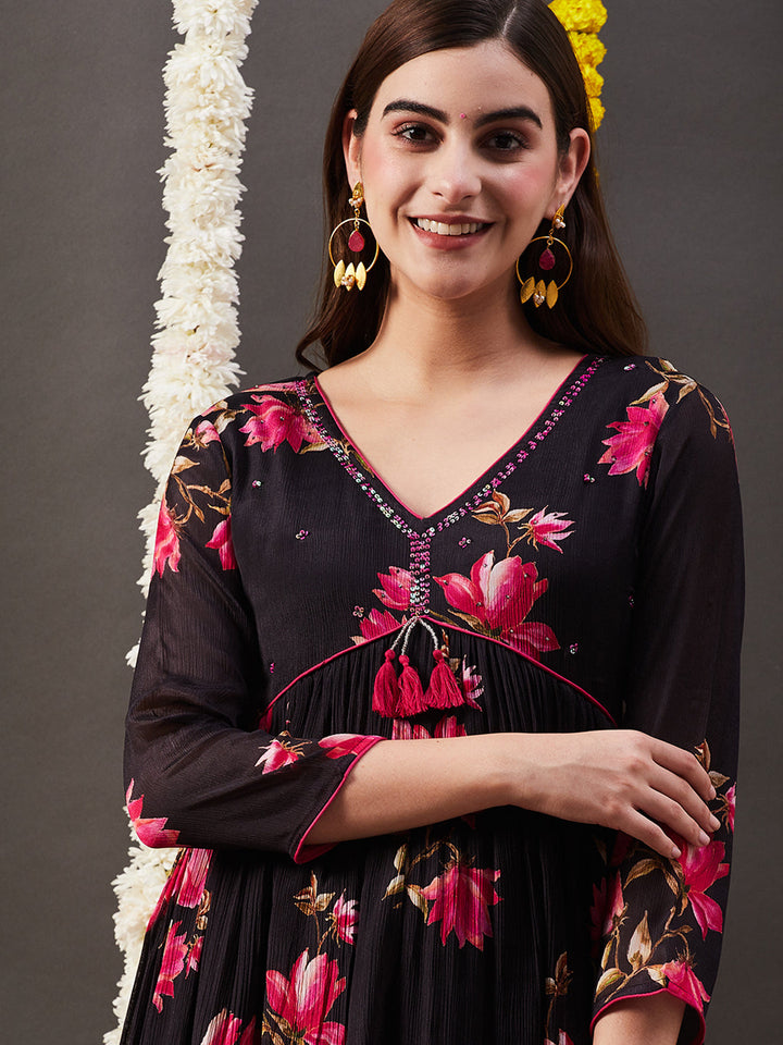 Floral Printed Sequins Embroidered Pleated Flared Kurta with Pants & Dupatta - Black