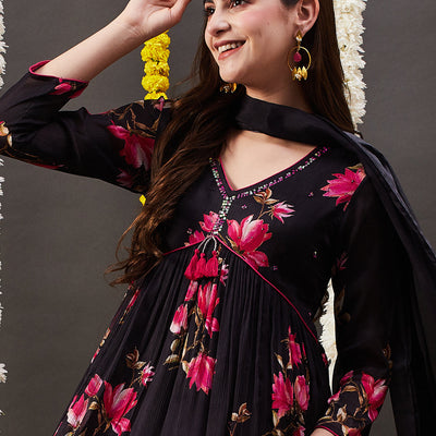 Floral Printed Sequins Embroidered Pleated Flared Kurta with Pants & Dupatta - Black