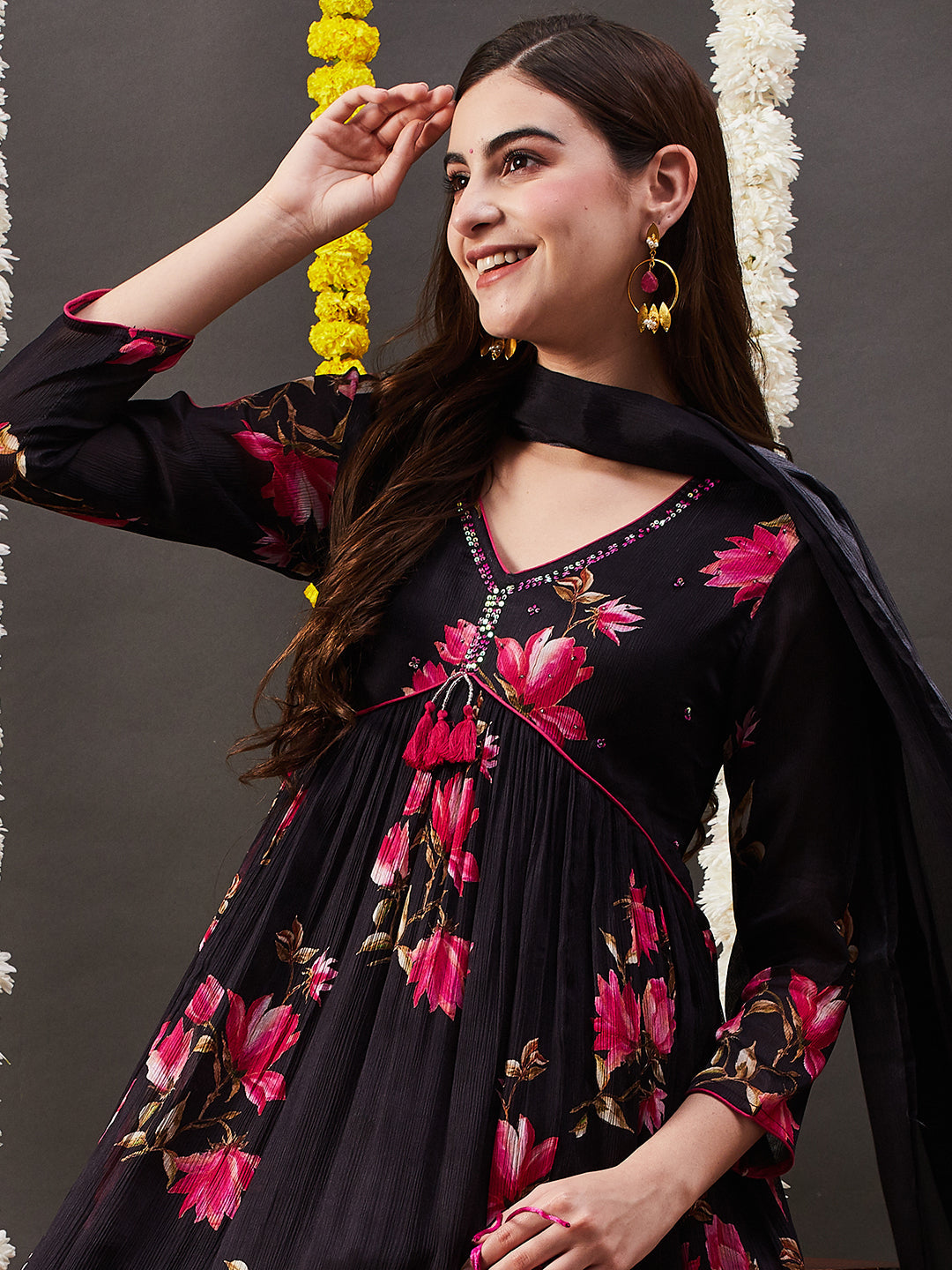 Floral Printed Sequins Embroidered Pleated Flared Kurta with Pants & Dupatta - Black