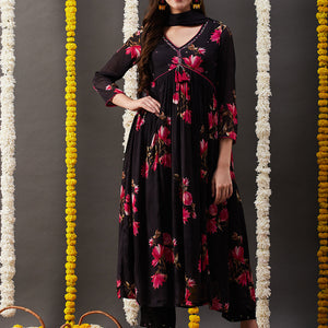Floral Printed Sequins Embroidered Pleated Flared Kurta with Pants & Dupatta - Black