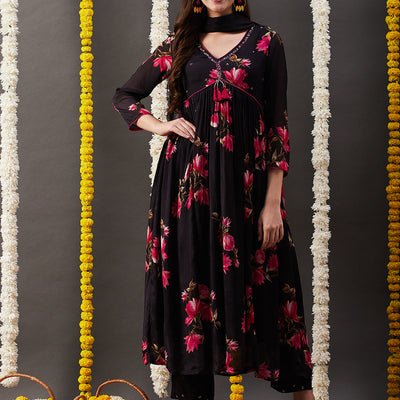 Floral Printed Sequins Embroidered Pleated Flared Kurta with Pants & Dupatta - Black
