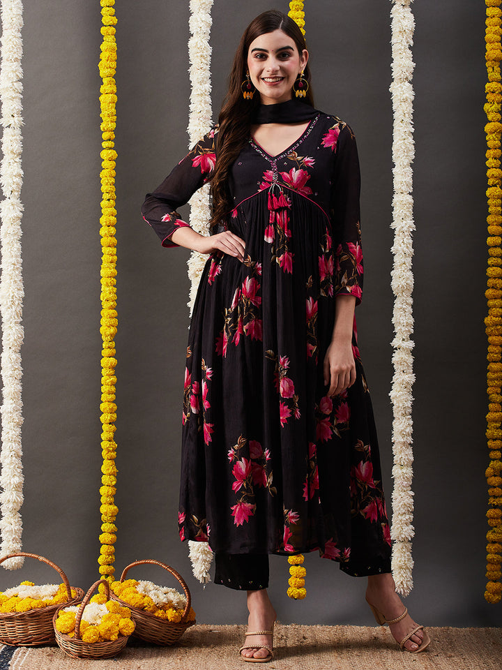 Floral Printed Sequins Embroidered Pleated Flared Kurta with Pants & Dupatta - Black