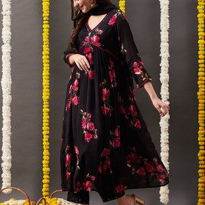 Floral Printed Sequins Embroidered Pleated Flared Kurta with Pants & Dupatta - Black