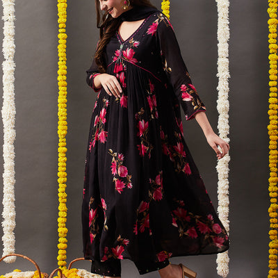 Floral Printed Sequins Embroidered Pleated Flared Kurta with Pants & Dupatta - Black