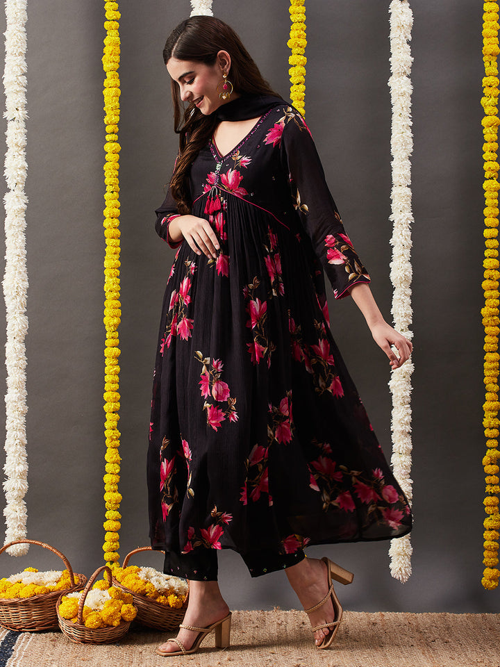 Floral Printed Sequins Embroidered Pleated Flared Kurta with Pants & Dupatta - Black