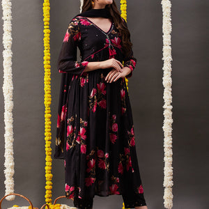Floral Printed Sequins Embroidered Pleated Flared Kurta with Pants & Dupatta - Black
