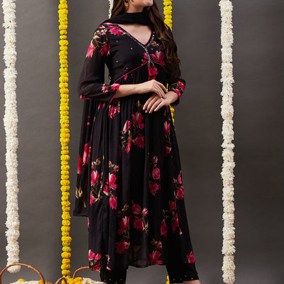 Floral Printed Sequins Embroidered Pleated Flared Kurta with Pants & Dupatta - Black