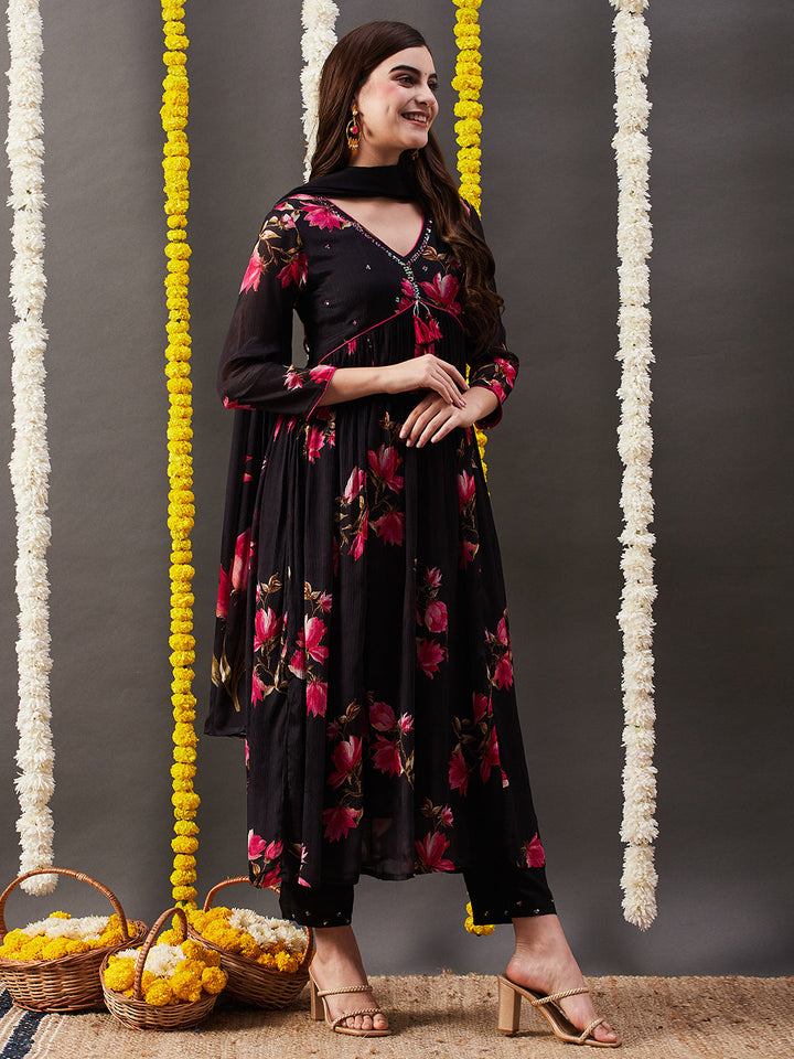 Floral Printed Sequins Embroidered Pleated Flared Kurta with Pants & Dupatta - Black