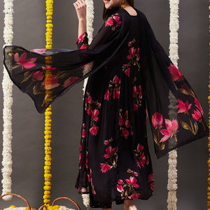 Floral Printed Sequins Embroidered Pleated Flared Kurta with Pants & Dupatta - Black