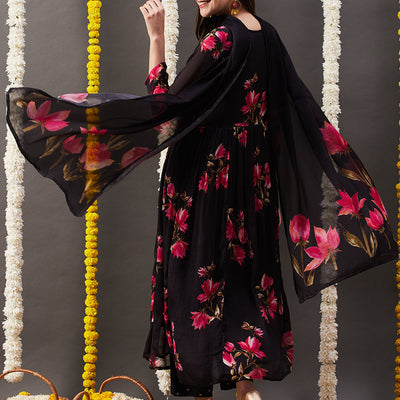 Floral Printed Sequins Embroidered Pleated Flared Kurta with Pants & Dupatta - Black