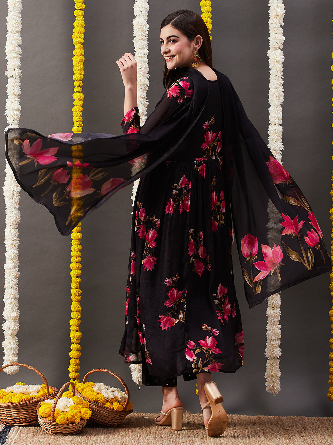 Floral Printed Sequins Embroidered Pleated Flared Kurta with Pants & Dupatta - Black