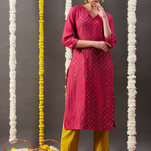Solid Sequin Embroidered Straight Kurta with Pant - Pink