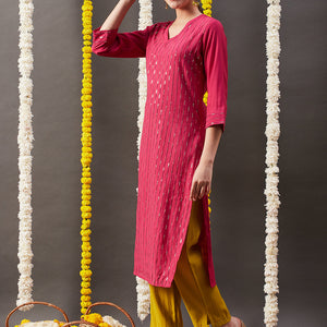 Solid Sequin Embroidered Straight Kurta with Pant - Pink