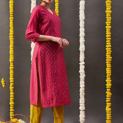 Solid Sequin Embroidered Straight Kurta with Pant - Pink