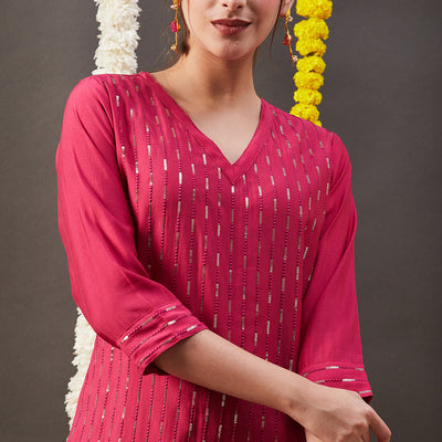 Solid Sequin Embroidered Straight Kurta with Pant - Pink