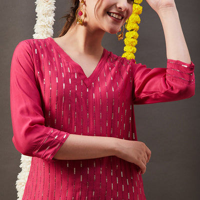 Solid Sequin Embroidered Straight Kurta with Pant - Pink