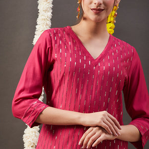 Solid Sequin Embroidered Straight Kurta with Pant - Pink
