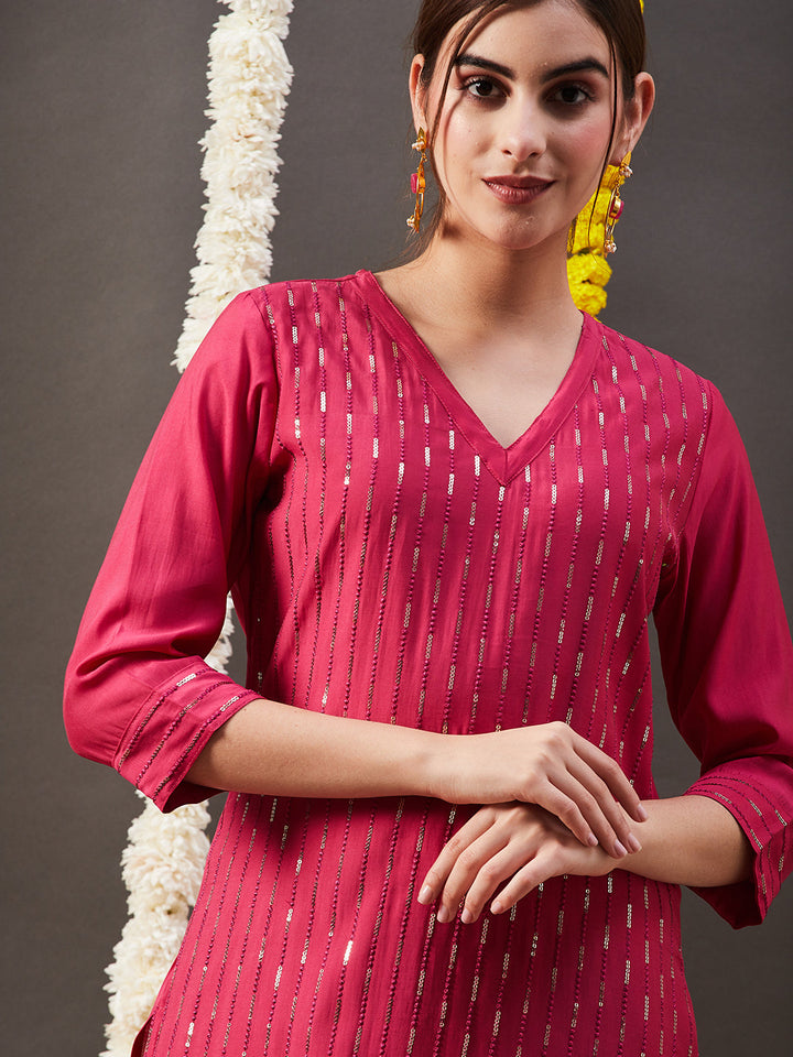 Solid Sequin Embroidered Straight Kurta with Pant - Pink