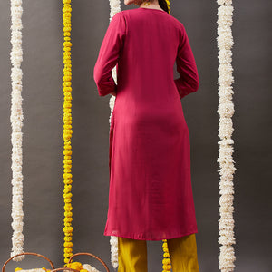 Solid Sequin Embroidered Straight Kurta with Pant - Pink