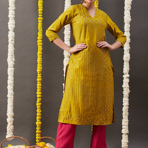 Solid Sequin Embroidered Straight Fit Kurta with Pant - Mustard