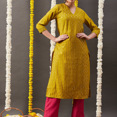 Solid Sequin Embroidered Straight Fit Kurta with Pant - Mustard