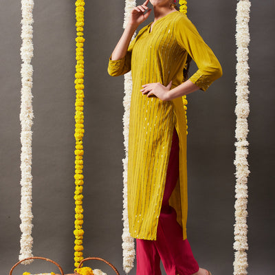 Solid Sequin Embroidered Straight Fit Kurta with Pant - Mustard
