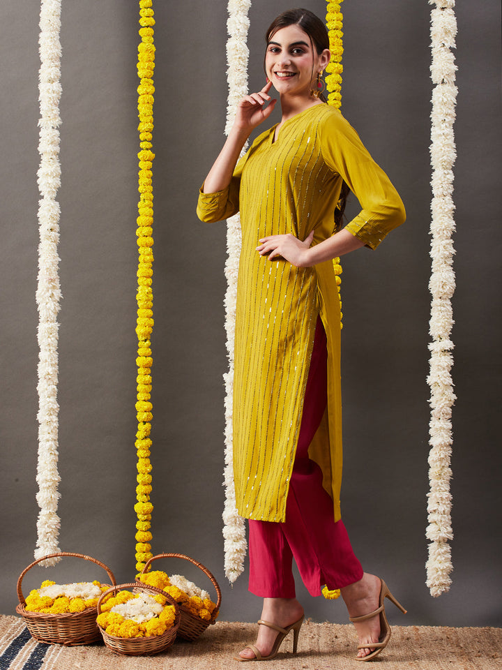 Solid Sequin Embroidered Straight Fit Kurta with Pant - Mustard