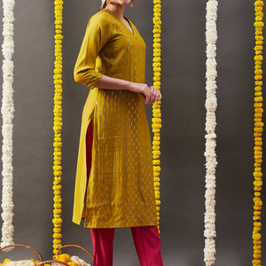 Solid Sequin Embroidered Straight Fit Kurta with Pant - Mustard