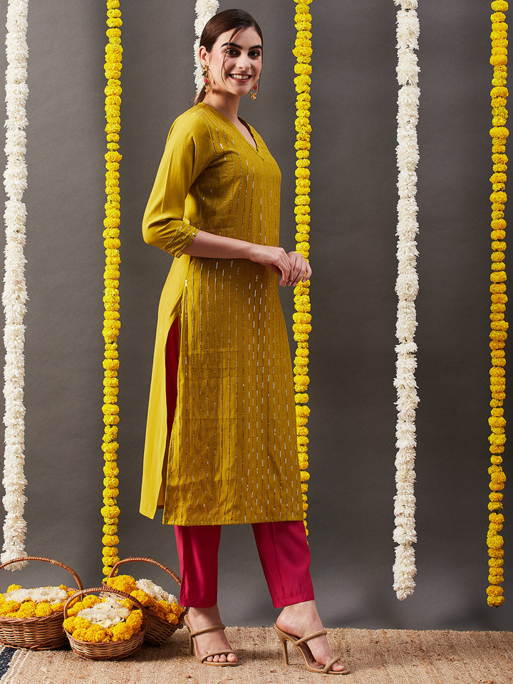 Solid Sequin Embroidered Straight Fit Kurta with Pant - Mustard