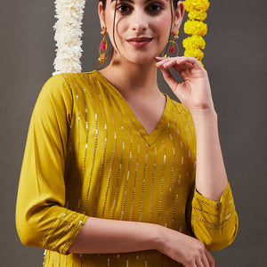 Solid Sequin Embroidered Straight Fit Kurta with Pant - Mustard