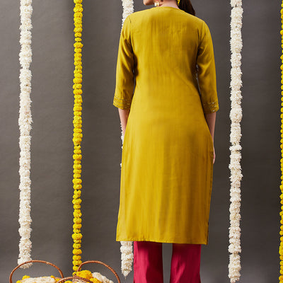 Solid Sequin Embroidered Straight Fit Kurta with Pant - Mustard