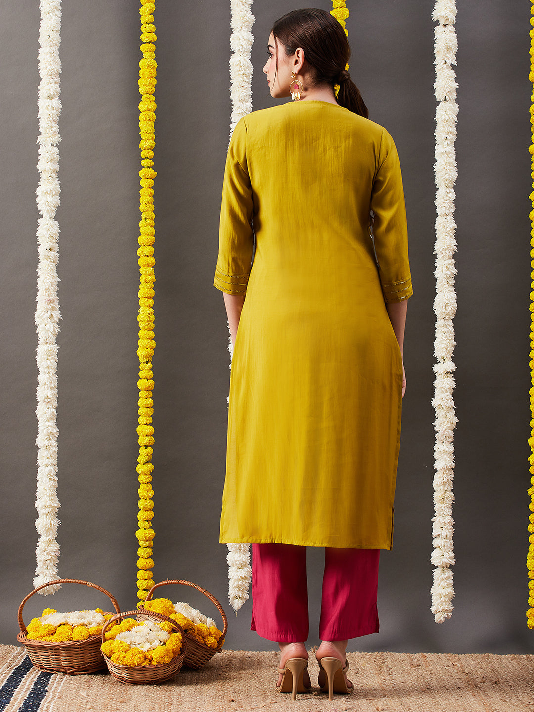 Solid Sequin Embroidered Straight Fit Kurta with Pant - Mustard