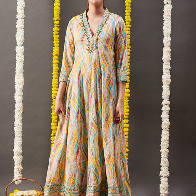 Abstract Printed Mirror, Zari & Coin Tikki Embroidered Mul-Cotton Maxi Dress - Multi & Yellow