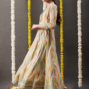 Abstract Printed Mirror, Zari & Coin Tikki Embroidered Mul-Cotton Maxi Dress - Multi & Yellow