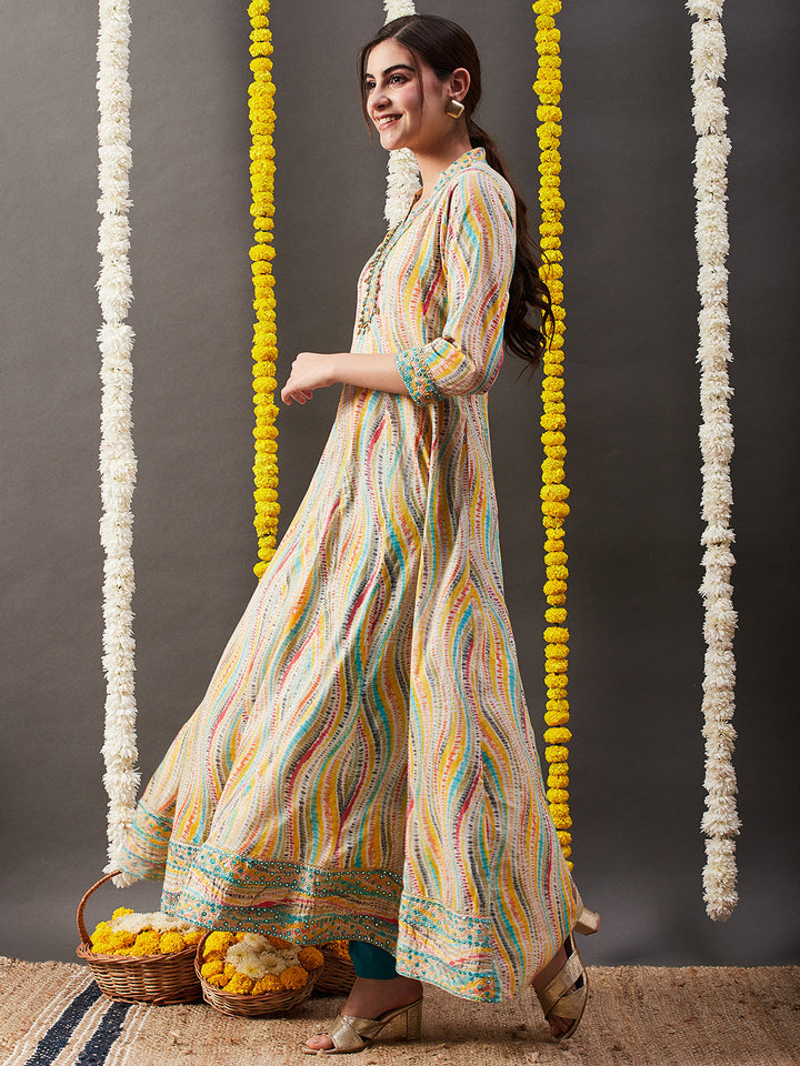 Abstract Printed Mirror, Zari & Coin Tikki Embroidered Mul-Cotton Maxi Dress - Multi & Yellow