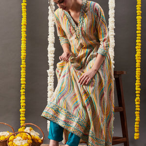 Abstract Printed Mirror, Zari & Coin Tikki Embroidered Mul-Cotton Maxi Dress - Multi & Yellow